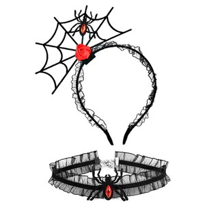 Detail of Halloween spider web headband and lace choker set with red rose and spider pendant