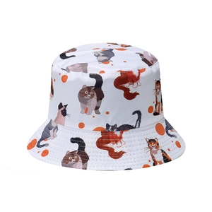 Cute double-sided bucket hat for women featuring colorful cartoon cat illustrations