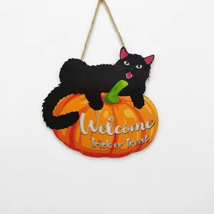 Halloween pumpkin and black cat wooden door sign with Welcome and Trick or Treat text