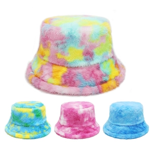 Colorful Tie Dye Faux Fur Bucket Hat Winter Warm Plush Gradient Fuzzy Basin Hat For Women Chic Fashion