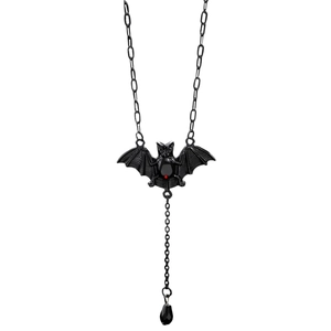 Gothic black bat pendant necklace with a red gemstone on a clean white background