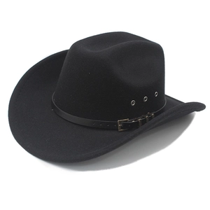 Classic black western cowboy felt hat featuring a leather band with metal buckle and vents