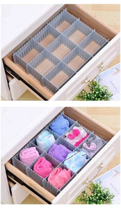 DIY gray plastic drawer dividers showing grid organization for underwear and socks