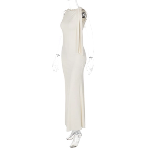 Detail of elegant cream sleeveless maxi dress with sophisticated shoulder drape design