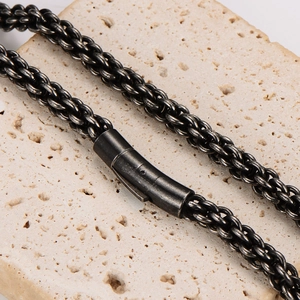 Vintage braided stainless steel necklace for men with barrel clasp on stone