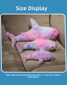 Shark plush toy size comparison in pink-purple gradient tie-dye fabric, 30cm to 60cm