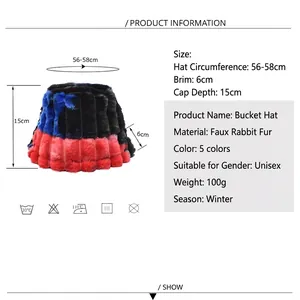 Rainbow tie-dye faux rabbit fur bucket hat for women in tricolor blue, black, and red