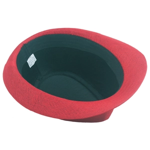 Inside detail of red fedora hat showing size 58 label and cotton polyester blend fabric
