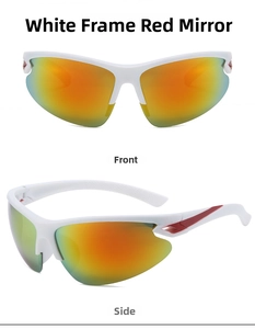 Front and side views of white semi-rimless sports sunglasses with orange mirrored lenses
