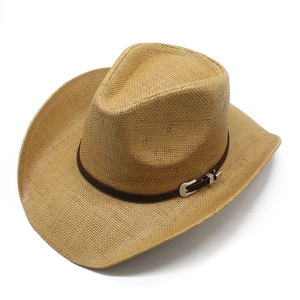 Classic straw western cowboy hat in natural brown with a vintage buckled leather band