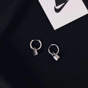 Hip hop punk style silver titanium steel hoop earrings with hanging lock charms