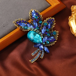Vintage gold crystal flower brooch with blue and green rhinestones for women coats