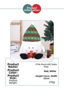 Close-up of a plush snowman decoration with red knit hat and orange carrot nose