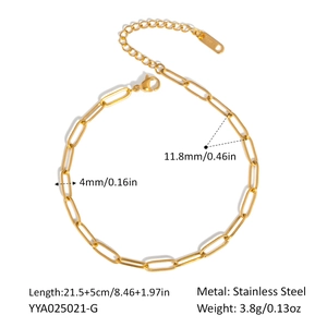 Detailed view of gold paperclip chain anklet with size and stainless steel material specs