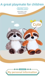 Close-up of soft raccoon plush toys in grey and orange colors with fluffy texture