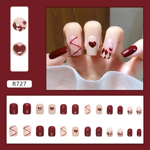 Minimalist burgundy and nude press-on nails with 3D heart and grid patterns, R727 set