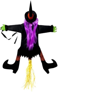 Halloween crashing tree witch with purple hair, green hands and a yellow broomstick décor