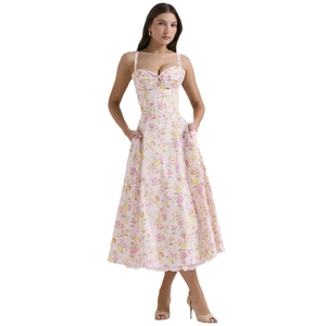 Elegant floral print sleeveless maxi dress in pink chiffon with slim waist design