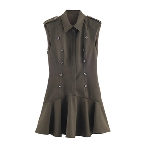Olive green sleeveless blazer dress with padded shoulders and ruffled hem on white background