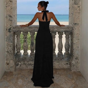 Sexy black backless halter dress with tie-up detail and high slit for summer beach parties
