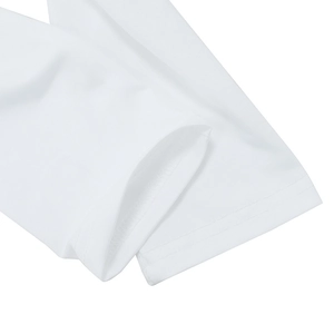 Detail shot of the white dress sleeve showing high-quality double-needle stitching and fabric