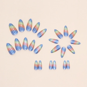 Rainbow almond press-on nails with vertical white lines and colorful gradient design