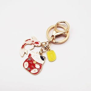 Golden Japanese Fortune Cat and Koi Fish keychain charm for bags and car keys