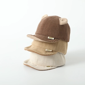 Corduroy baby baseball caps with ears in brown, khaki, and cream colors