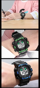 Macro detail of waterproof digital sports watch showing large LED screen and dual color styles