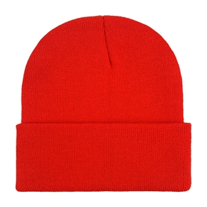 Classic bright red knitted beanie hat in soft acrylic for outdoor warmth and comfort
