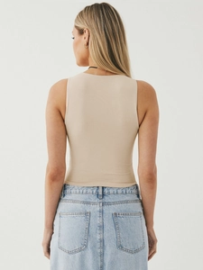 Back view of a minimalist beige Y2K cropped tank top showing slim fit and racerback cut