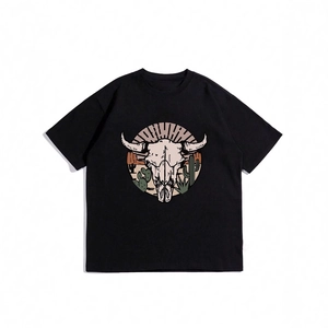 Black cotton T-shirt with bohemian bull skull and cactus print in a flat lay view
