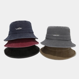 Washed Cotton Bucket Hat Shark Embroidery Vintage Sun Protection Outdoor Fishing Cap For Men And Women