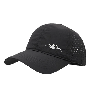 Quick-dry breathable black baseball cap with mountain embroidery and laser-cut side holes
