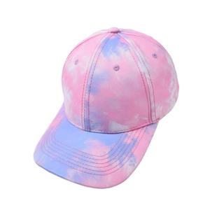Pastel tie-dye baseball cap in pink and blue, featuring a classic six-panel cotton structure