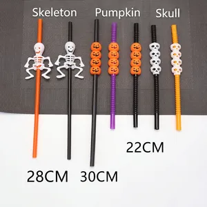 Halloween decorative straws with pumpkin and skeleton motifs in 22cm, 28cm, and 30cm lengths