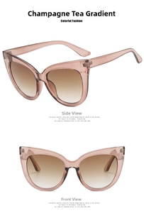 Detailed views of champagne cat-eye glasses with sparkling finish and gradient lenses