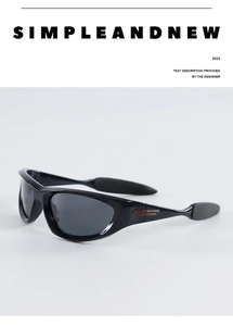 Detail of black sporty cat-eye sunglasses with red-brown metallic wing accents