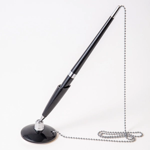Schreibtisch-Empfangsstift mit schwarzem rundem Sockel und silberner Metall-Kugelkette