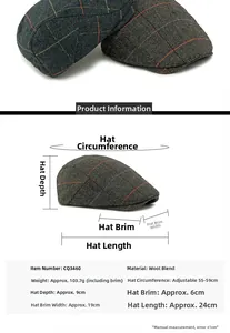 Size chart showing wool blend newsboy cap dimensions with adjustable 55-59cm circumference