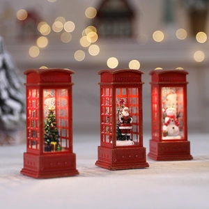 Christmas telephone booth tabletop lights featuring Santa Claus, Snowman and Xmas Tree