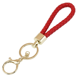 Handmade red braided leather car keychain with gold metal ring and lobster clasp