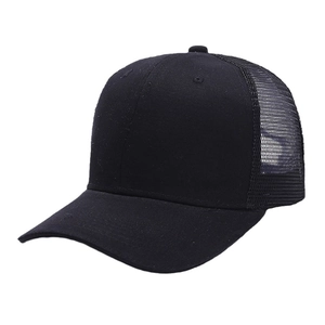 Classic black six-panel trucker hat with mesh back and adjustable cotton brim for summer