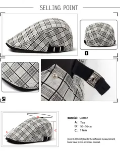 Size chart showing 55-59cm circumference and 7cm brim for the plaid cotton ivy cap