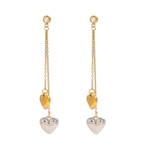 Elegant gold and silver heart tassel earrings with rhinestones on a white background