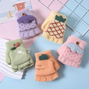 Five pairs of kids knit gloves with cute cartoon fruit designs and convertible flip covers