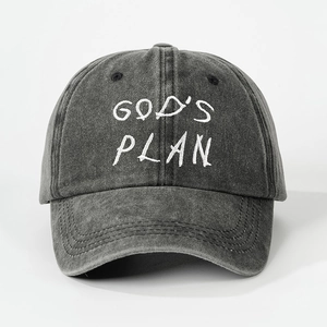 Vintage dark grey washed cotton baseball cap with white GOD'S PLAN embroidery for men and women