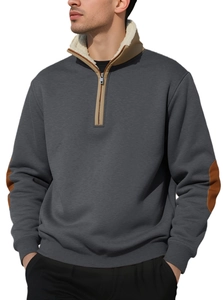 Detail of grey men's sweatshirt with brown elbow patches and white fleece lining