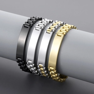 Detail view of four sleek adjustable titanium steel bracelets for men in diverse metallic tones