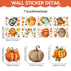Detailed view of 8 autumn window stickers showing pumpkin decals and precise size dimensions